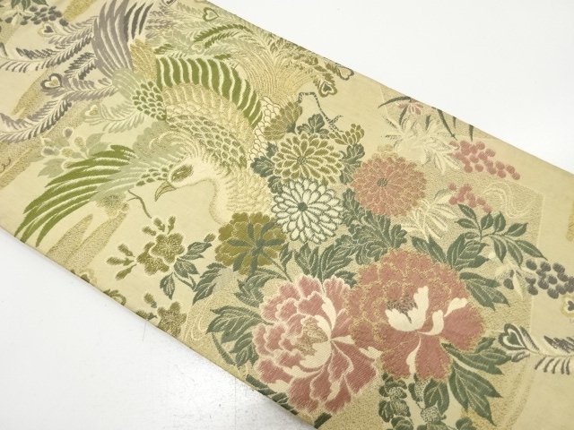 アンティーク　鳳凰に菊・牡丹模様織り出し丸帯（材料）